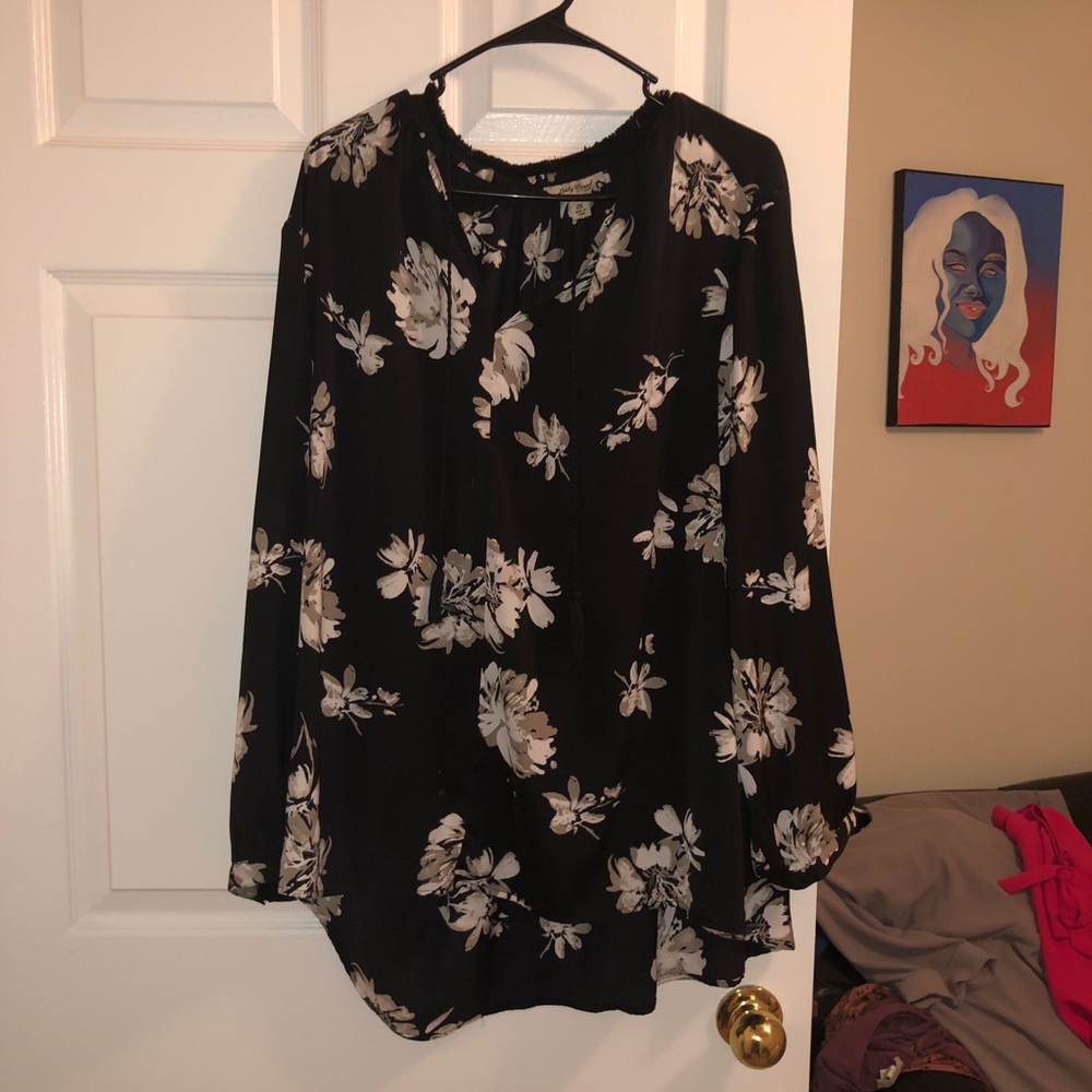 Black long sleeve blouse with white floral print